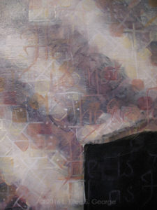 Detail of the Garden Tomb painting with its scripture: "He is not here, for He is risen, as He said. Come, see the place where the Lord lay." - Matthew 28:6 - painted in a fractured, pixelated style in beige, ochre, cream, plum, mauve and gray