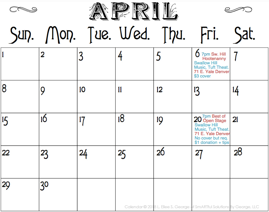 calendar for Eilee George music performances
