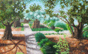 Digital photo of acrylic painting entitled "Garden of Gethsemane" © 2016 (Linda) "Eilee" S. George, 30"h x 48"w, part of the Israel Series for Calvary Community Baptistt Church in Northglenn, CO; lovingly painted with squarish strokes in a Neo-Pixelist style in colors including ochre, cream, green, aqua, charcoal, taupe, sepia, blue, periwinkle, terra cotta, orange, yellow, mint green, gray, gold, brown and white, depicting the Garden of Gethsemane; includes the scripture: "Father, if Thou be willing, remove this cup from Me; nevertheless, not My will but Thine, be done." - Luke 22:42 signed L. Eilee George with logo
