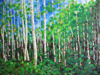 "Colorussia III" © 2011 L. Eileen S. George a.k.a "Eilee" George; 40" w x 30" h x .75" d, acrylic on canvas. SOLD. Some prints available by custom order. Digital image of original acrylic/multimedia work by Linda Eileen S. George a.k.a "Eilee" George entitled 'Colorussia III'; 40" w x 30" h x .75" d; a stylized summer scene with aspens against a blue sky