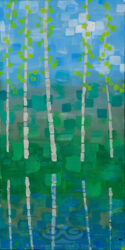"Colorussia IV (b)" © 2011 L. Eileen S. George a.k.a. "Eilee" George, 12"x24", acrylic on canvas - 2nd in a pair/diptych. Original and some prints available by custom order. Digital image of the acrylic painting entitled "Colorussia IV b" by L. "Eilee" S. George, 12"x24", acrylic on canvas, painted in 2011, of Colorado aspens growing waterside in spring - 2nd in a pair/diptych