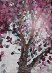 "Poetree" © 2013 Linda Eileen S. George a.k.a "Eilee" George; 5"w x 7"h x .75" d; acrylic on canvas. SOLD. Some prints available by custom order. Digital image of original acrylic/multimedia work by Linda Eileen S. George a.k.a "Eilee" George entitled 'Poetree'; 5"w x 7"h x .75" d; a stylized spring scene of a blooming fruit tree in a late snow