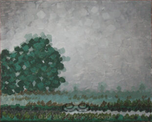 "Thirstree" © 2015 L. Eileen S. George a.k.a. "Eilee" George, 8.5"x11", acrylic on canvas. Original and some prints available by custom order. Digital image of the acrylic painting entitled "Thirstree" by L. "Eilee" S. George, 8.5"x11", acrylic on canvas, painted in 2015, of trees in the fog in rural Henderson, Colorado during the spring