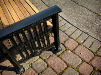 --TO PHOTOS GALLERY-- Bench on mossy bricks at Ft. Vancouver WA shot on a jaunt out from our Portland OR trip © 2008 L. Eilee S. George